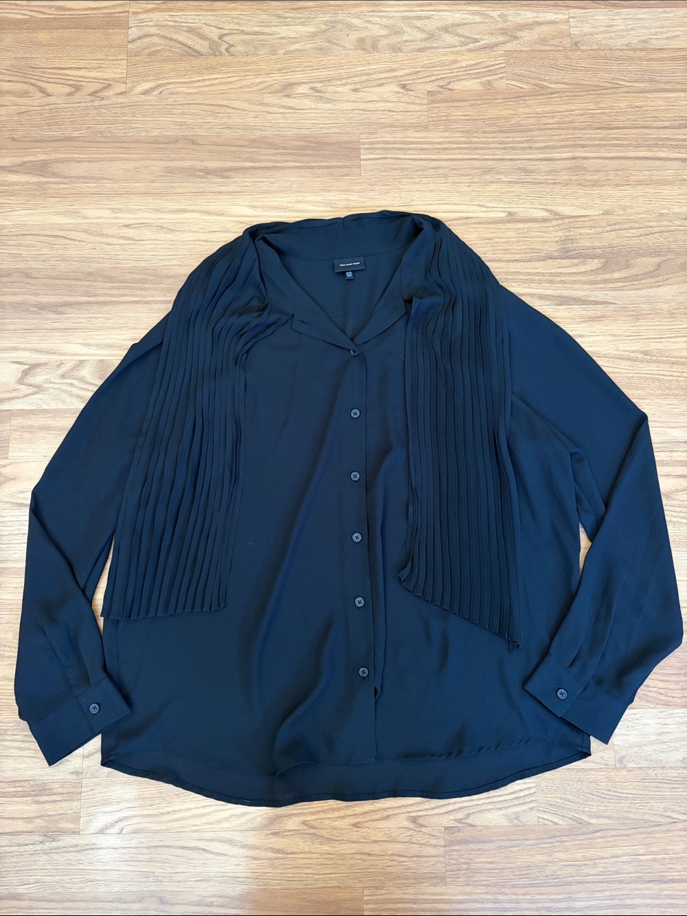 Who What Wear Black Button-Down Blouse with Pleated Scarf Detail